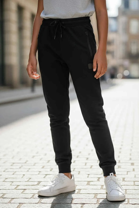 ZipFlex Jogger – Black jogger pants with zipper and drawstring
