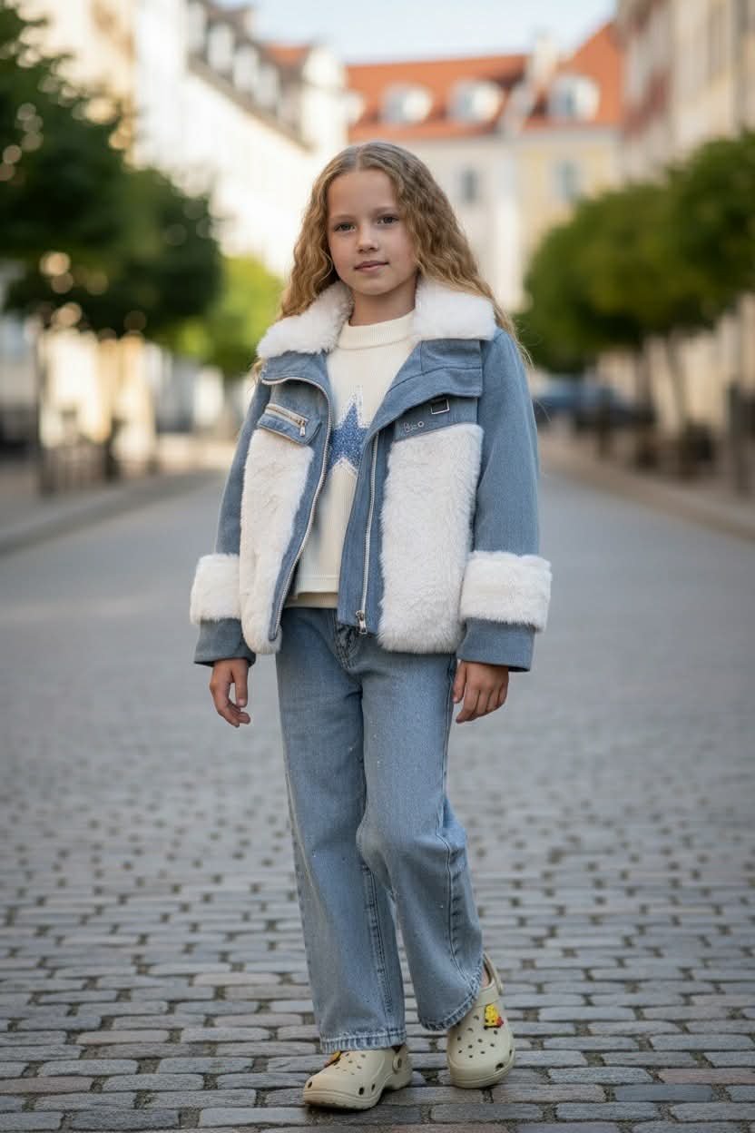LUXE Σετ Τζιν Μπουφάν με Γούνα, Μπλούζα Jivagio με Παγιέτες και Τζιν με Glitter Τελείωμα