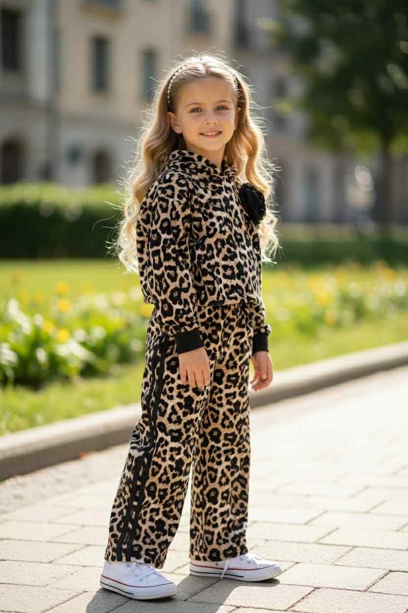 Liitle Star Leopard φόρμα Με δαντελένιο αξεσουάρ λουλούδι.