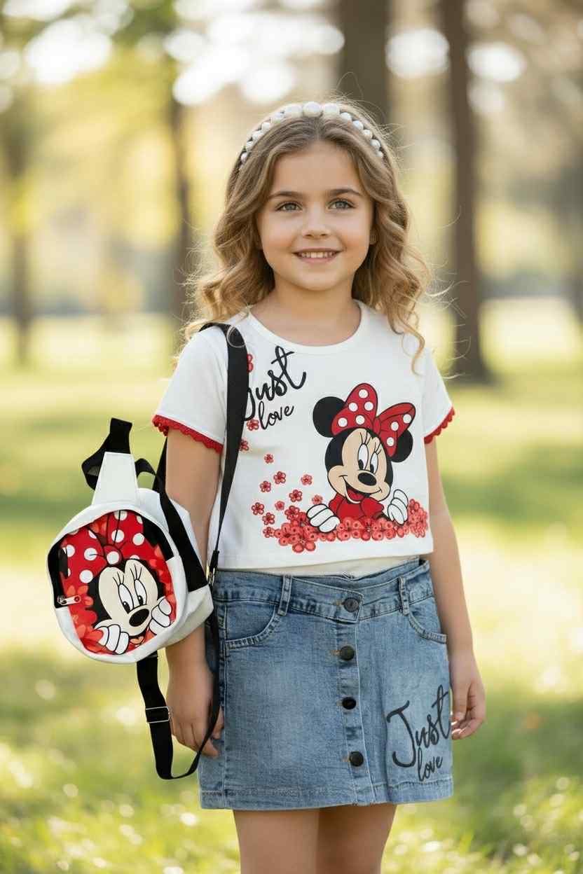 Σετ Minnie με φούστα, κροπ μπλούζα, σακίδιο πλάτης και αξεσουάρ μαλλιών