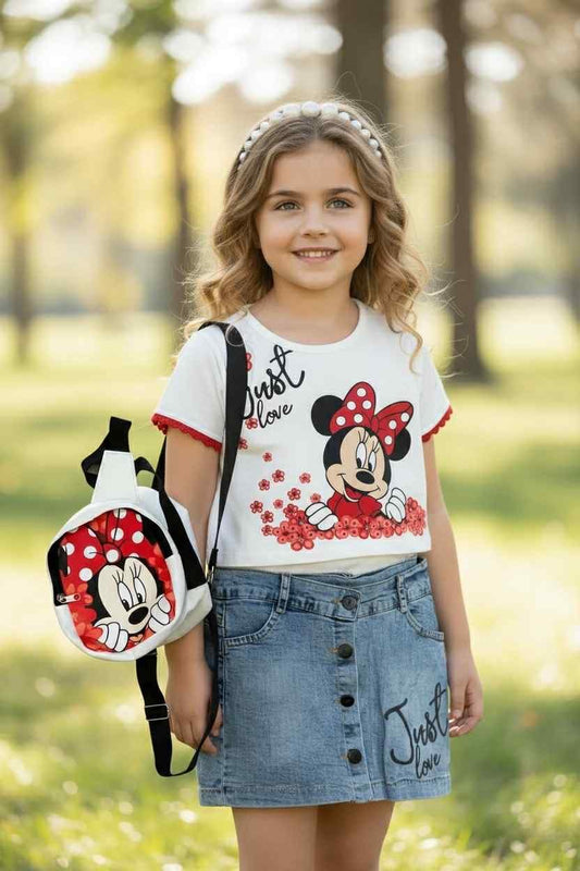 Σετ Minnie με φούστα, κροπ μπλούζα, σακίδιο πλάτης και αξεσουάρ μαλλιών